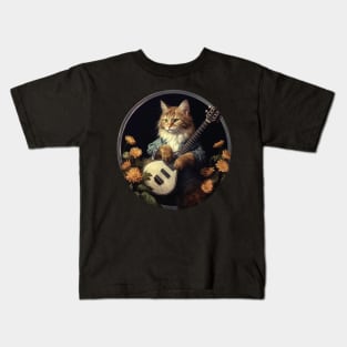 Cottagecore Aesthetic Cat Playing Banjo - Camping Kids T-Shirt